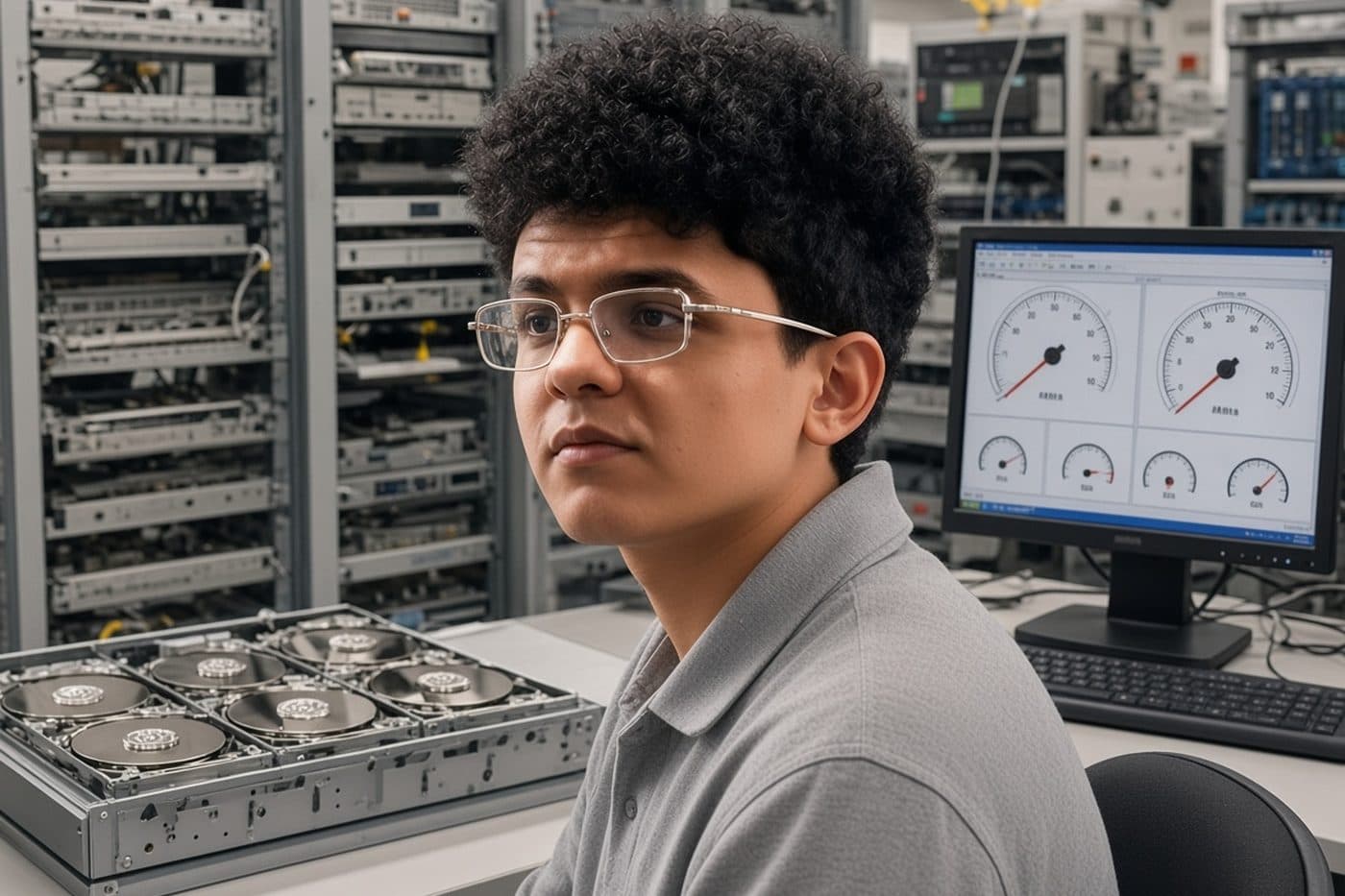 Halftone photograph: a lab bench with racks and monitors, a figure at the near station.
