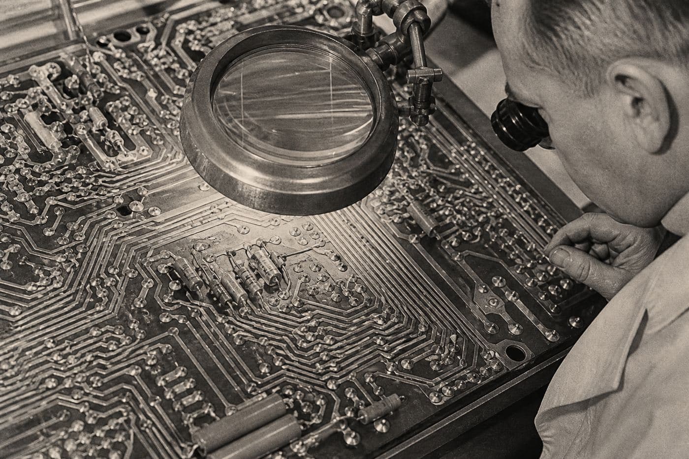 Halftone photograph: a printed circuit board under a loupe, traces filling the frame.