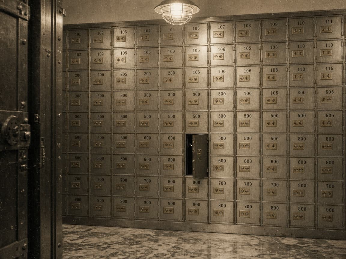 Halftone photograph: a vault door and lock-work, lit like a bank interior.