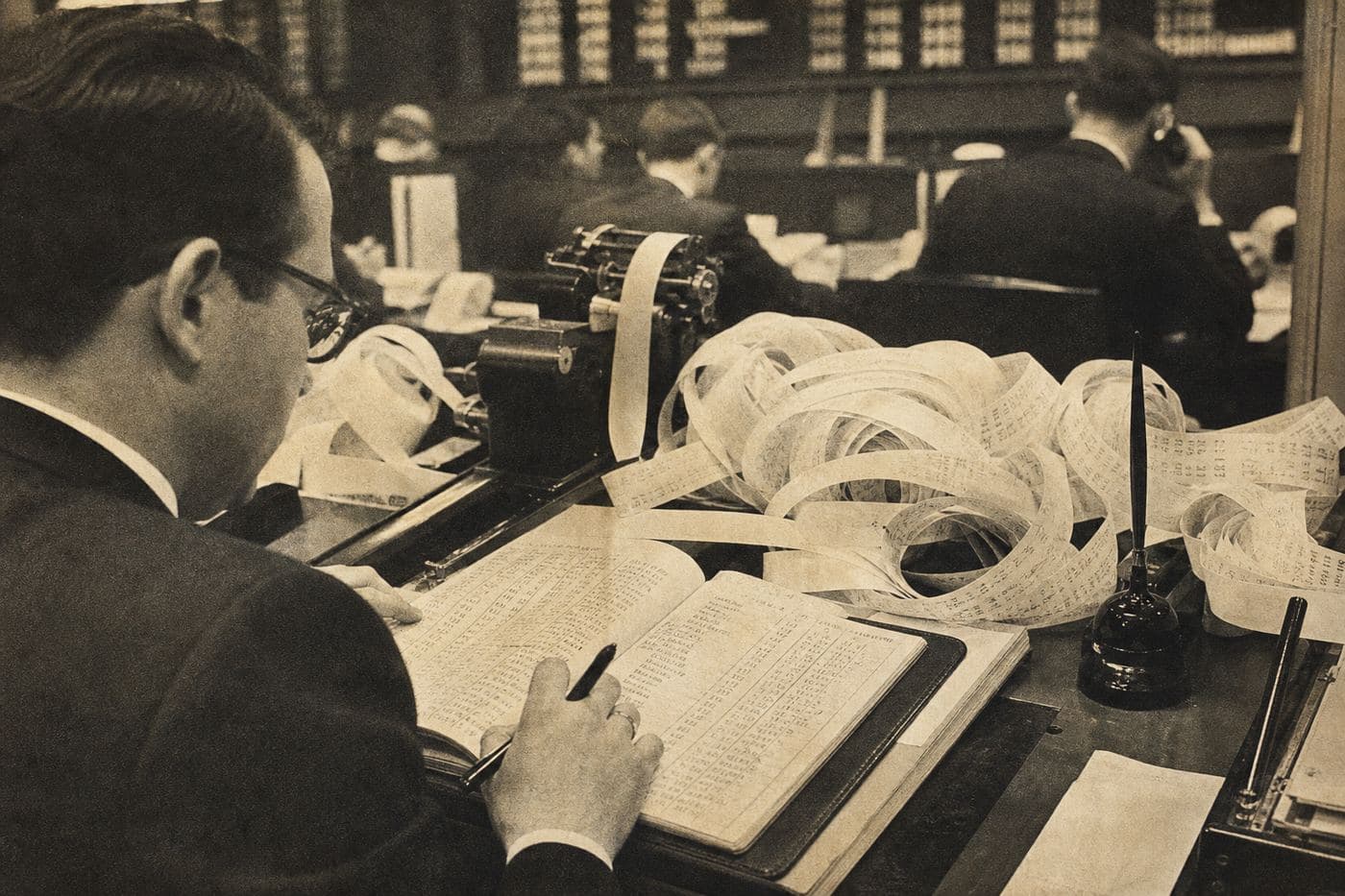 Halftone photograph: an open ledger with ruled columns, a pen resting on the page.